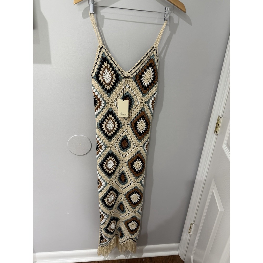Elan Dress Sz M Neutral Brown Crochet Granny Square Maxi Fringe Sundress Boho W